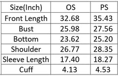 A size comparison table showing measurements in inches for OS and PS sizes, including front length, bust, bottom, shoulder, sleeve length, and cuff.