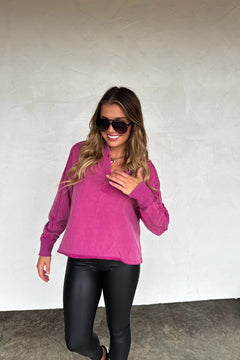 Longer Length Marley Snap Button Sweatshirt – Vintage Black, Magenta, Rust & Grey