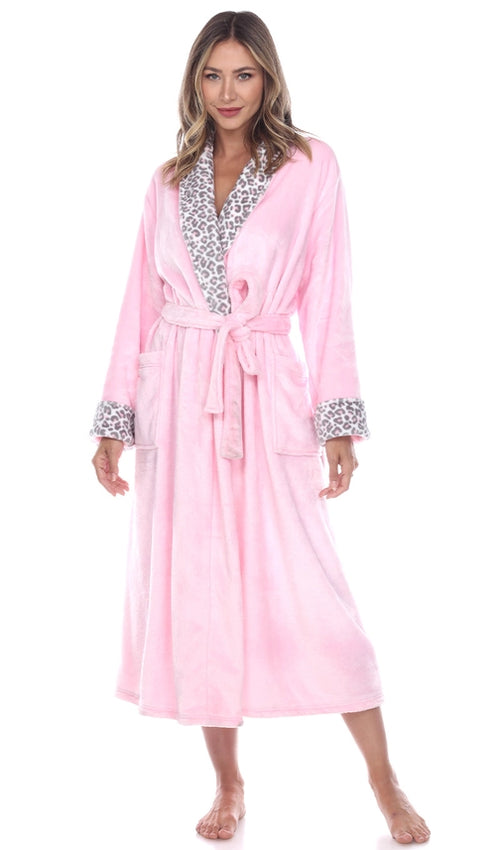 Pink plush robe with leopard trim full front view
