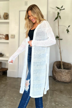 White Double Take Open Front Longline Cardigan – long knit cardigan with open front