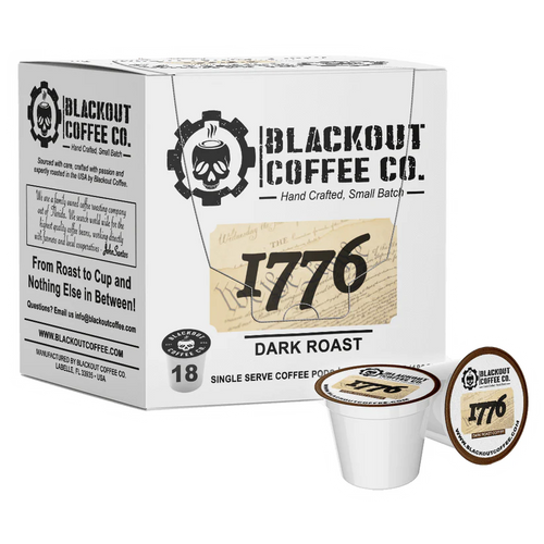 Box of Blackout Coffee Co. 1776 Dark Roast coffee pods on a white background