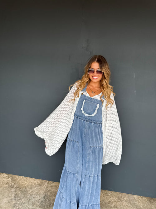 Blakeley Stretchy Tiered Denim Overalls with Lace Trim