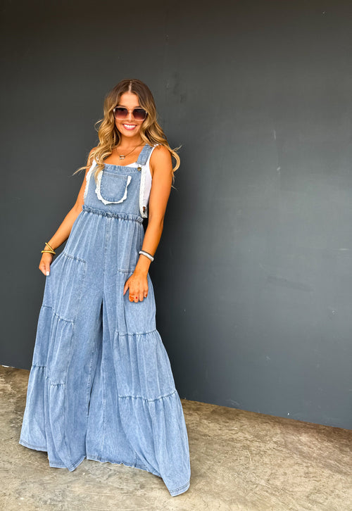 Blakeley Stretchy Tiered Denim Overalls with Lace Trim