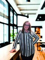 Black & White Geo Stripe Button-Front Blouse – Sizes Small to XL