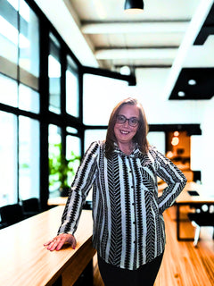 Black & White Geo Stripe Button-Front Blouse – Sizes Small to XL