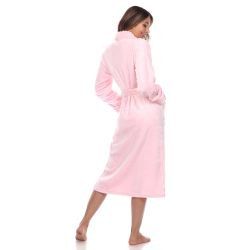 Back view of pink plush robe with tie belt
