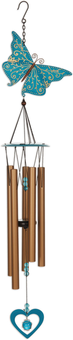 Decorative wind chime with butterfly and heart design on a white background