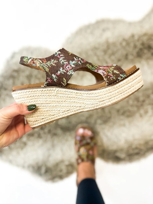 Corkys Floral Dreams Platform Wedge – Black or Rust Braided Espadrille Sandals (Sizes 7–11)