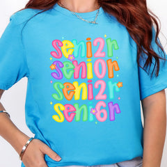 Heather Aqua Senior 2026 graphic tee with bright multicolor graphic design