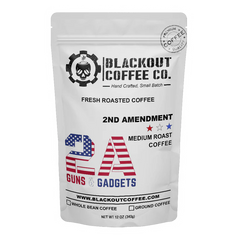 White coffee bag from Blackout Coffee Co. with 2nd Amendment design on a white background
