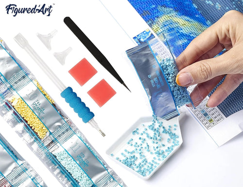 Diy diamond painting kit with materials on a white background