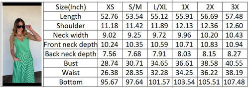 Table displaying dress measurements for different sizes with a model wearing the dress.