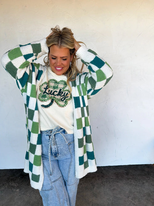 Lucky Charm Cloud Check Cardigan – St. Patty Green (Preorder)