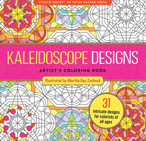 Coloring book cover titled 'Kaleidoscope Designs' with geometric patterns and a pink banner.