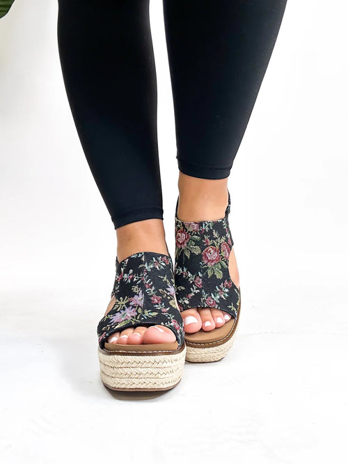 Corkys Floral Dreams Platform Wedge – Black or Rust Braided Espadrille Sandals (Sizes 7–11)