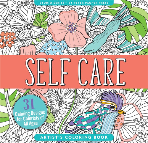 Coloring book titled 'Self Care' with floral and bird designs on a white background.