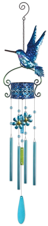 Blue hummingbird wind chime with glass details and long chime tubes on a white background