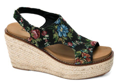 Corkys Floral Dreams Platform Wedge – Black or Rust Braided Espadrille Sandals (Sizes 7–11)