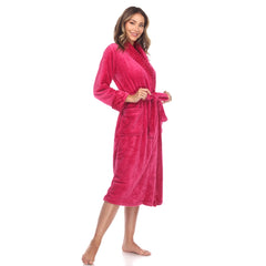 Side view of burgundy plush robe with tie belt