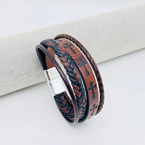 Faith & Strength Braided Cross Leather Bracelet