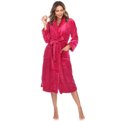 Woman in burgundy plush robe with shawl collar and pockets