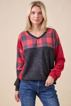 Cozy Plaid Sparkle V-Neck Tunic — Red or Green