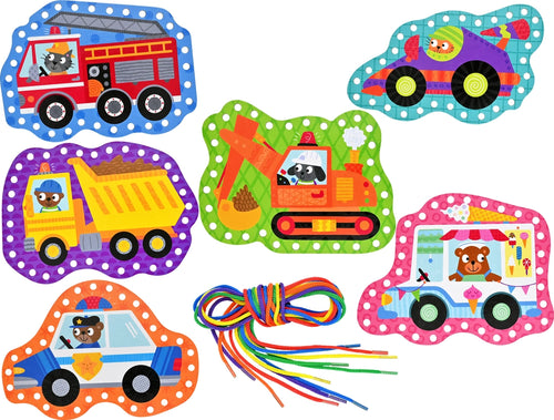 Cars & Trucks Lacing Cards — 6-Pack Activity Set (Ages 3+)