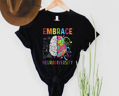 Black t-shirt with colorful brain graphic and 'Embrace Neurodiversity' text on a white background.