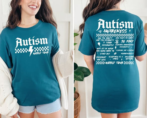 Teal t-shirt with 'Autism Awareness World Tour' text and graphics worn by a person.