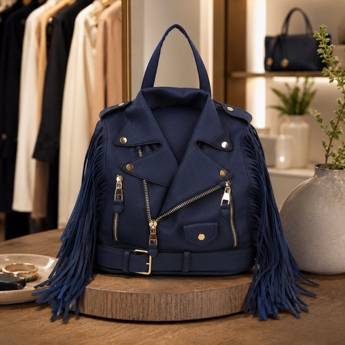 A navy blue vegan-leather biker jacket backpack with long fringe details and gold-tone hardware, displayed on a wooden pedestal in a boutique setting.