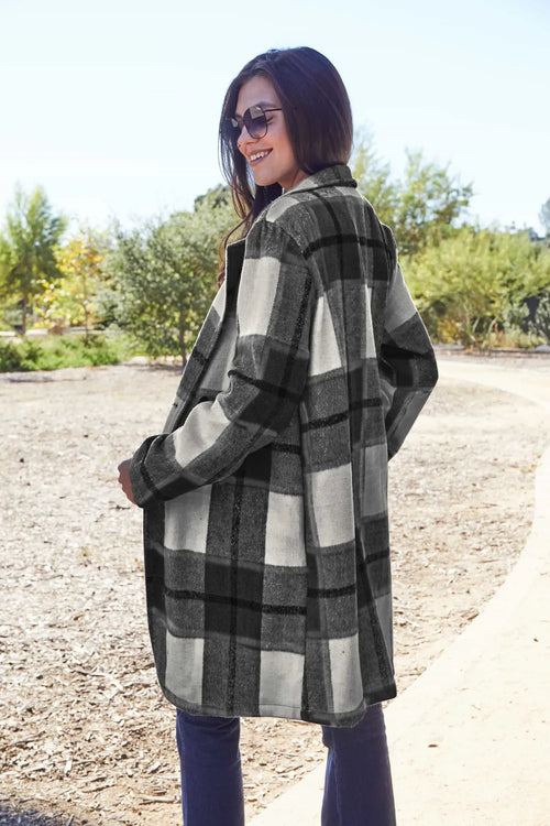 Double Take Full Size Plaid Button Up Lapel Collar Coat | Sizes Small - 3XL