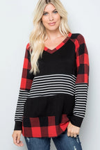 Plaid & Stripe Color Block Long Sleeve Top — Red or Black/White