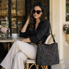 A woman in a black blouse and cream trousers sits at an outdoor cafe table next to a large, dark woven tote bag adorned with multicolored rhinestones. She is wearing black sunglasses and holding the strap of the bag.