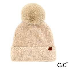 Beige Plush Terry Chenille Pom Beanie by C.C