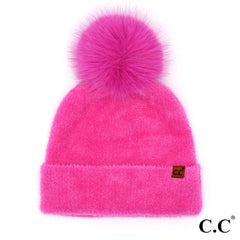 Hot Pink Plush Terry Chenille Pom Beanie by C.C