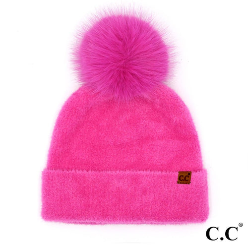 Hot Pink Plush Terry Chenille Pom Beanie by C.C