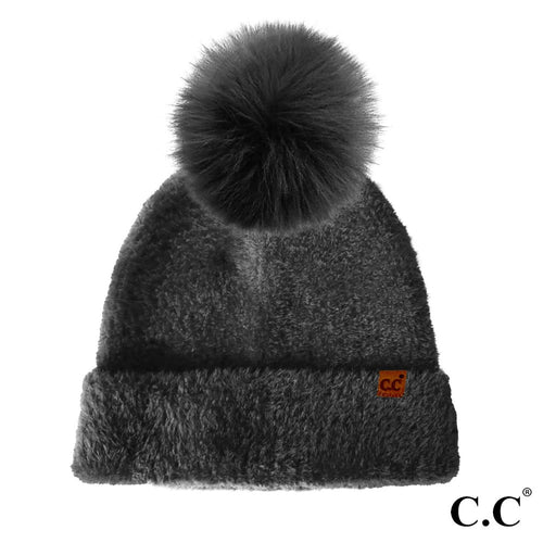 Black Plush Terry Chenille Pom Beanie by C.C