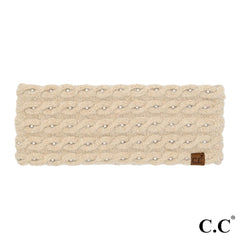 Beige Pearl Embellished Knit Headwrap by C.C