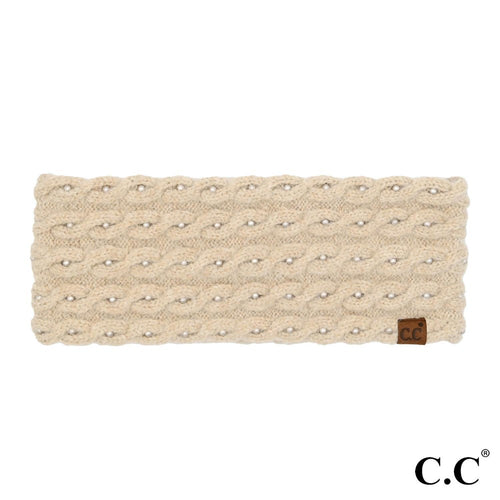Beige Pearl Embellished Knit Headwrap by C.C