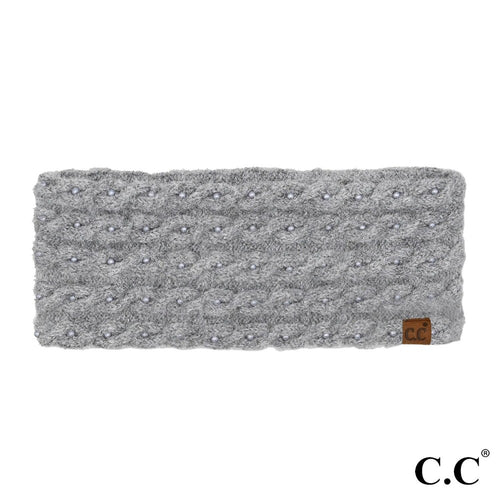 Grey Pearl Embellished Knit Headwrap by C.C
