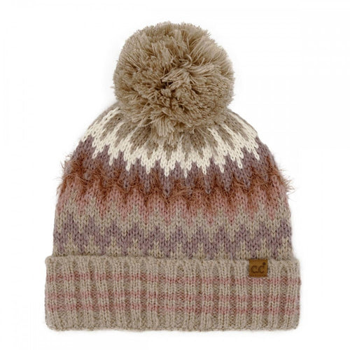 Beige C.C Multi Color Chevron Pom Beanie