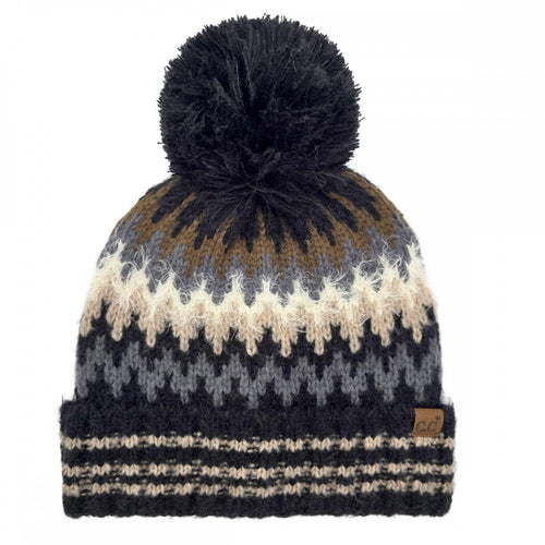 Black C.C Multi Color Chevron Pom Beanie