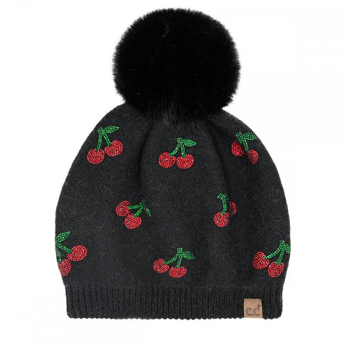 C.C Cherry Rhinestone Pom Beanie