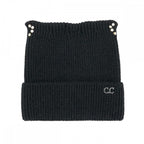 Black C.C Cable Knit & Tinsel Beanie with Rhinestone Cat Ear Detail