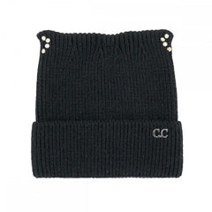 Black C.C Cable Knit & Tinsel Beanie with Rhinestone Cat Ear Detail