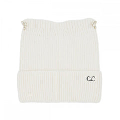 Ivory C.C Cable Knit & Tinsel Beanie with Rhinestone Cat Ear Detail
