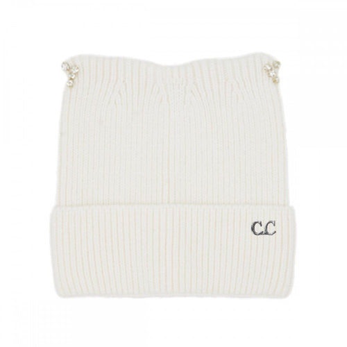 Ivory C.C Cable Knit & Tinsel Beanie with Rhinestone Cat Ear Detail