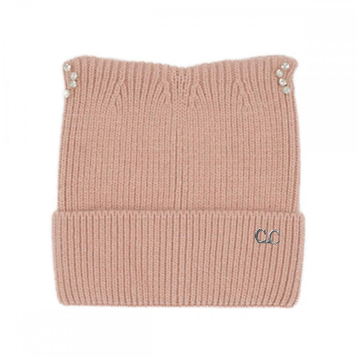 Rose C.C Cable Knit & Tinsel Beanie with Rhinestone Cat Ear Detail