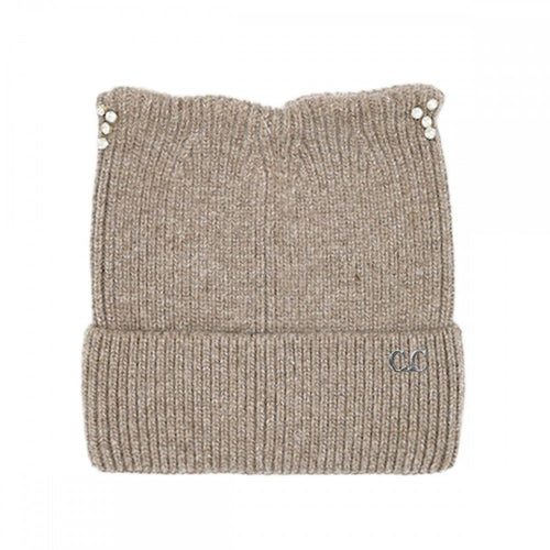 Taupe C.C Cable Knit & Tinsel Beanie with Rhinestone Cat Ear Detail