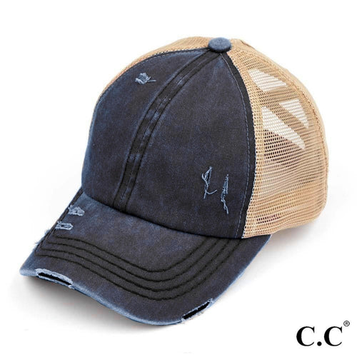 Distressed Criss-Cross High Pony Cap β 10 Colors